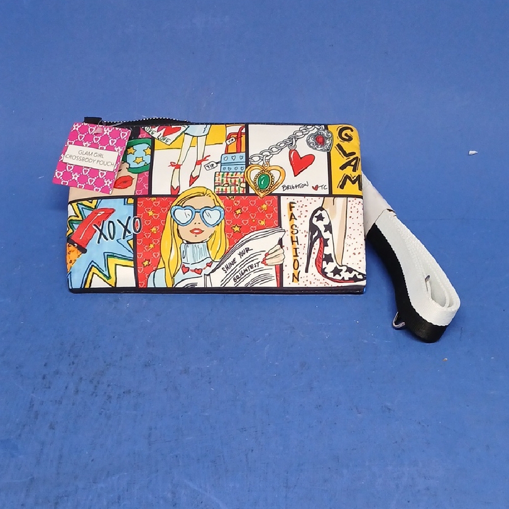 Brighton "Glamgirl" Crossbody Pouch Colorful Comic Design 8.5" x 5" Top Zipper.